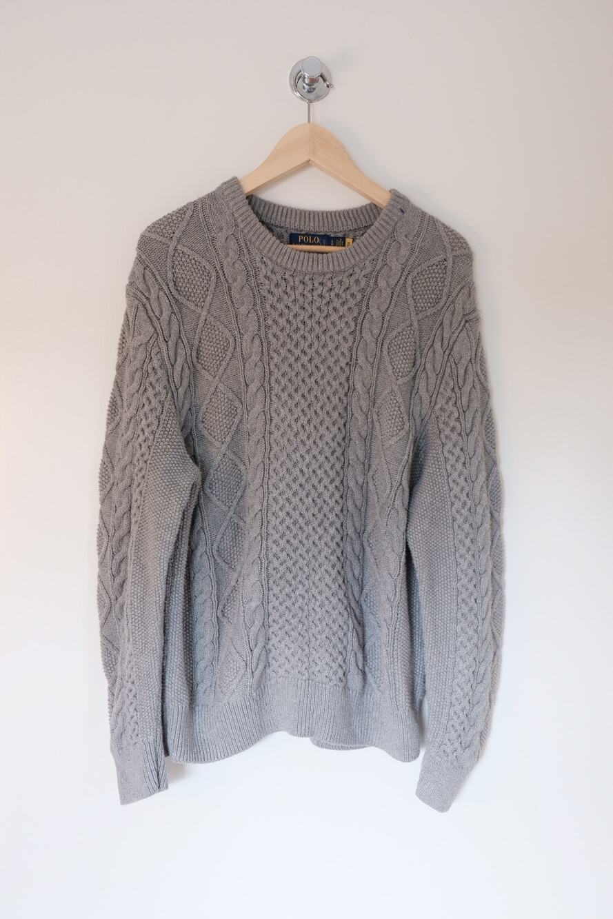 Ralph Lauren Cable Knit Sweater L Gray Crew Neck Preppy Fisherman Cottagecore